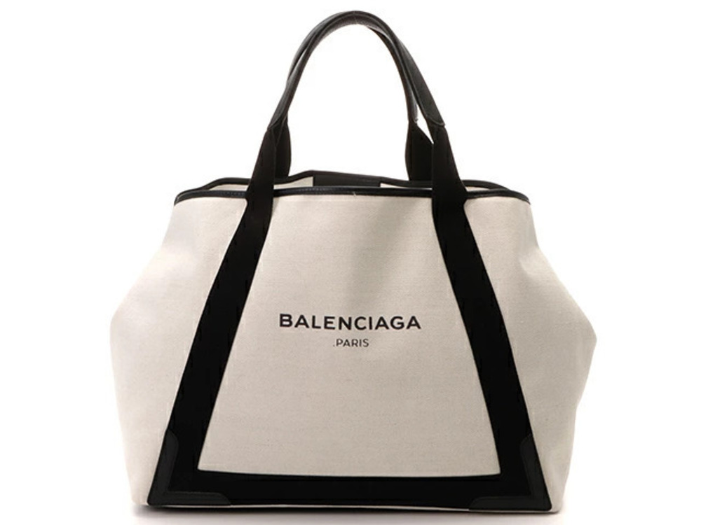 Balenciaga Navy Blue Cabas Tote Bag Off white Black Canvas Leather